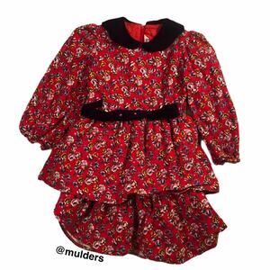 Vintage Boon 90s Girls Red Floral Print Tiered Formal Event Dress